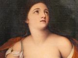 painting of a woman in a white dress with a red shaw around her neck