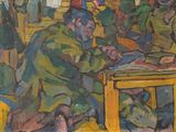 a painting of a group of people sitting around a table
