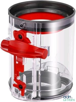 a red object in a clear container on a white background