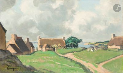 a painting of a village with a dirt road in the foreground