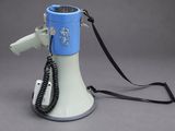 a blue and white megaphone with a cord attached to it