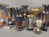 tout un tas de trophées posés sur une table