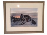 painting of a mountain range with a sunset in the background