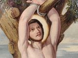 a painting of a man hanging from a tree