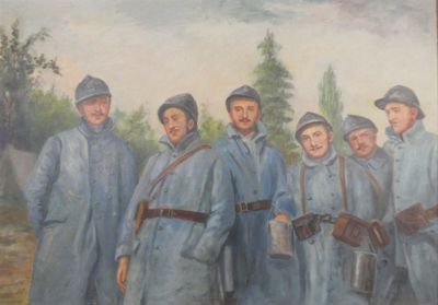 un tableau représentant un groupe d'hommes en uniformes bleus