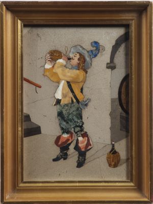 painting of a boy holding a baseball bat in his right hand