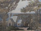une peinture à l'huile représentant une église située dans un cadre boisé, entourée d'arbres