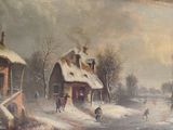 a picture of a painting of a village in the snow