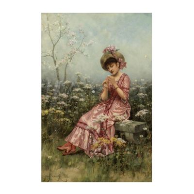 un tableau représentant une femme assise dans un champ de fleurs