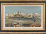 l'image d'un tableau représentant un paysage avec une montagne en arrière-plan