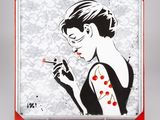 un tableau représentant une femme en train de fumer une cigarette sur un fond blanc et rouge