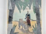 an old picture of a man with a rifle and a cheetah in front of a palm tree