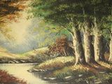 a painting of a stream running through a forest