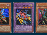 three cards with different designs on them on a blue background