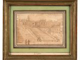 a drawing of a view of a city with a clock tower in the background