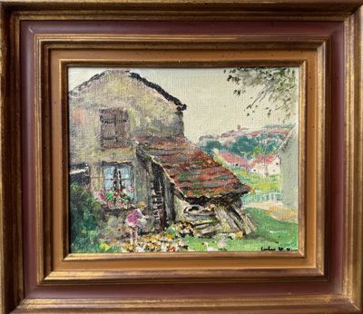une peinture à l'huile représentant une grange dans un champ, près d'un arbre