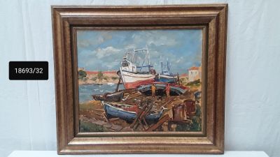 a picture of a painting of boats on the shore