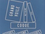 a blue poster with a picture of a couple of books on top of each other