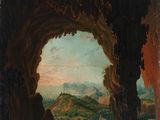an oil painting of a cave with a view of a city