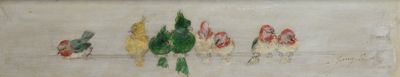 tableau représentant un groupe d'oiseaux perchés sur un mur blanc