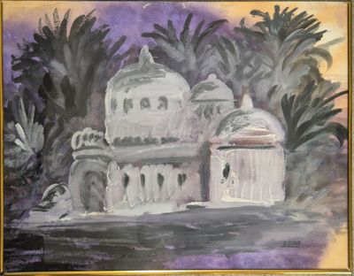 une peinture représentant un bâtiment au milieu d'un tableau