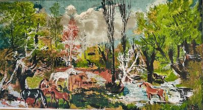 une peinture représentant une peinture de chevaux dans un environnement boisé
