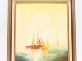 painting of a sailboat in the ocean with a yellow sky in the background