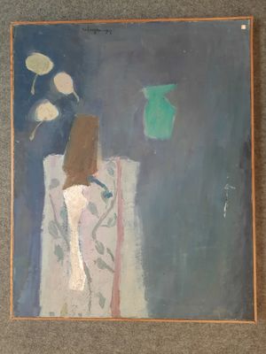 une peinture représentant un vase avec des fleurs sur une table