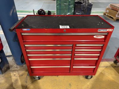 an image of a red tool cabinet in a warehouse