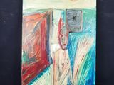 une peinture à l'huile représentant un homme debout devant une porte