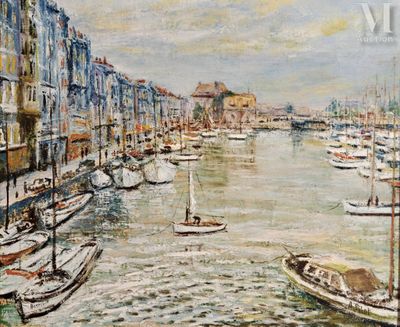 peinture de bateaux dans un port avec des bâtiments en arrière-plan