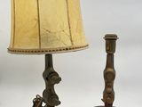 pair of antique brass lamps with wooden bases and a beige shade