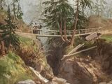 a picture of a painting of a bridge over a river