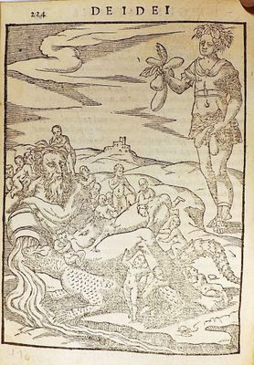 an old book with a drawing of a man holding a fish in it ' s hand