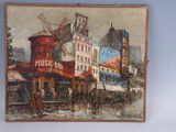 peinture représentant une scène de rue avec un moulin à vent au centre du tableau