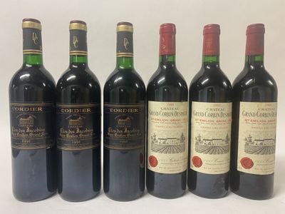 six bottles of red wine are lined up in a row
