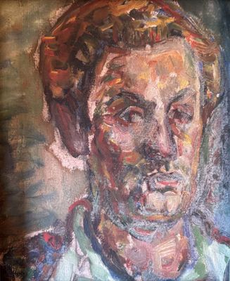 painting of a man with a green shirt and a blue tie
