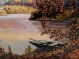a painting of a boat on the water near a tree