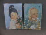 deux tableaux représentant des enfants, ornés de fleurs et de papillons
