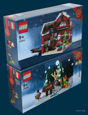 two boxes of legos with a christmas scene on them on a blue background