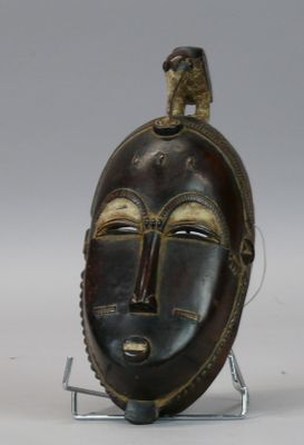 paire de masques africains en bois posés sur un socle, sur fond blanc