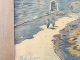 a picture of a painting of a man and a dog on the beach