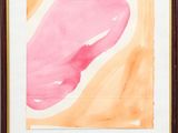 tableau abstrait aux tons roses et orange, dans un cadre marron