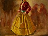 an oil painting of a woman in a yellow dress and a red jacket
