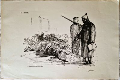 un vieux dessin représentant un homme tenant un pistolet à côté d'un autre homme allongé par terre