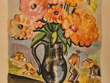 tableau représentant un vase de fleurs posé sur une table, avec un homme en arrière-plan