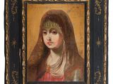 a painting of a woman in a red dress with a veil