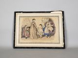 an old book with a picture of a woman in a dress and two children