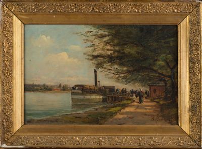une peinture à l'huile représentant une scène fluviale avec des personnes marchant le long de la rive