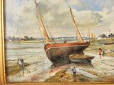 a painting of a boat on the beach with people near it